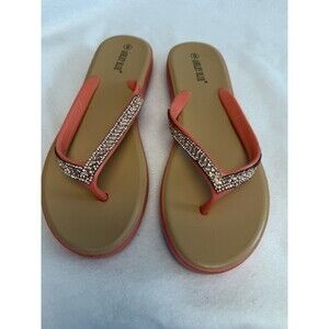 Womens Ashley Blue Salmon Beaded Rhinestones Jellies Flip Flops Sandals Sz 9